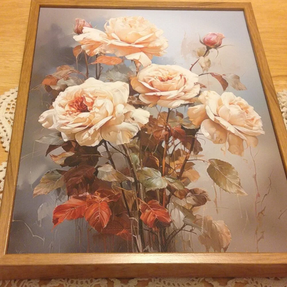 Lovely florals in faux wood frames, pinks to lite peach tones